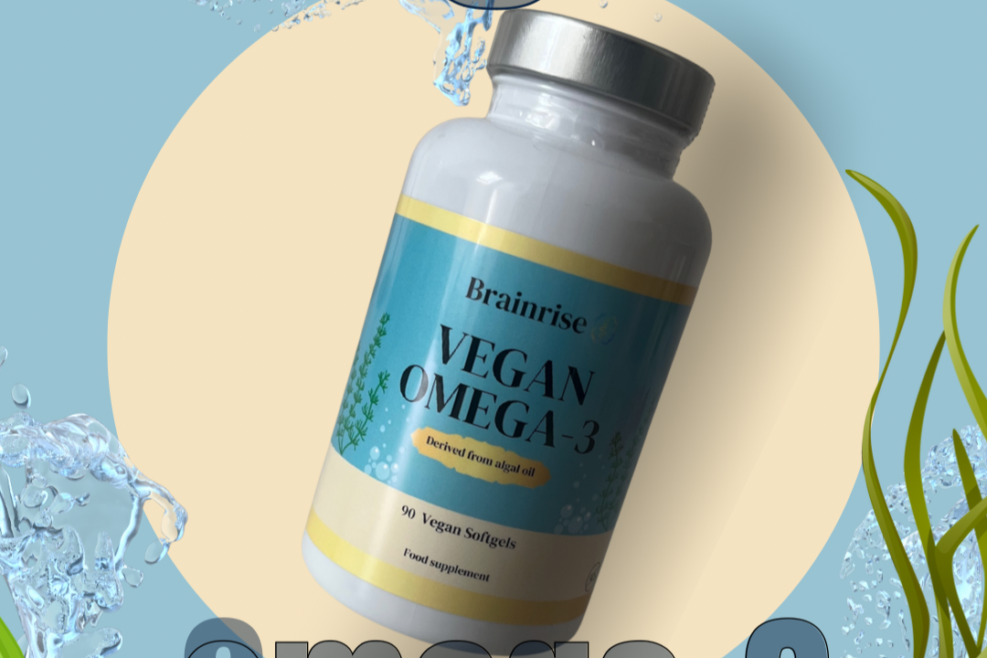 Vegan Omega-3 supplement bottle with Brainrise branding on a blue background with text and seaweed graphics.